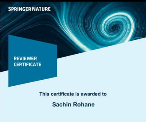 Dr.Rohane S.H awarded as a reviewer for Springer nature