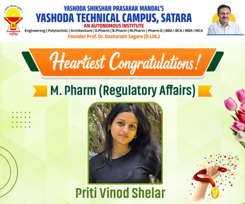 Yashoda Technical Campus, Satara proudly congratulates Priti Vinod Shelar, M. Pharm (Regulatory Affairs), on her successful selection at Boehringer Ingelheim India Private Limited, Vikroli (E), Mumbai, in the Regulatory Affairs Department.